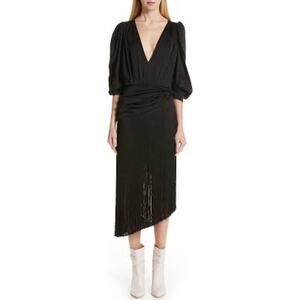 MAGDA BUTRYM Wels Black Asymmetric Layered Fringed Silk-Satin Midi Dress 36/US 4